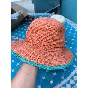 VINTAGE FLORA BELLA 100% RAFFIA ADJUSTABLE STRAW HAT CORAL TURQUOISE